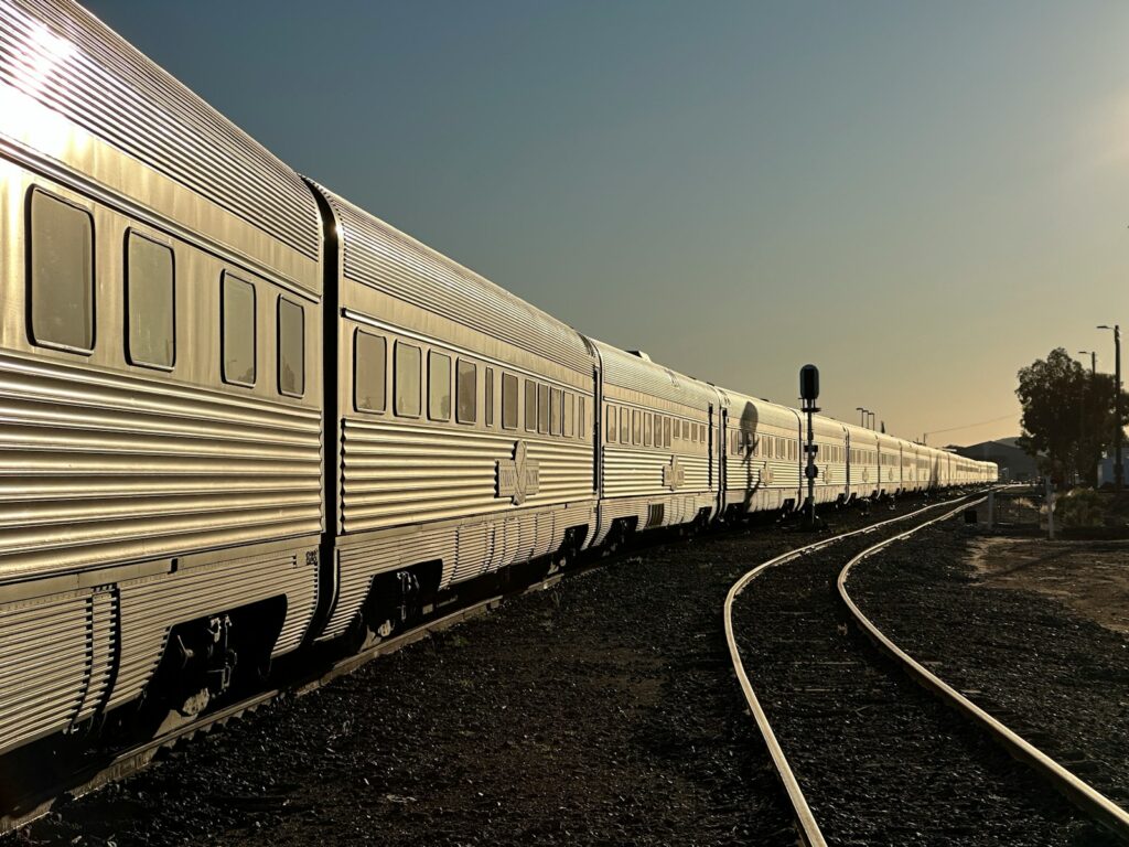 a train traveling down train tracks next to a forest