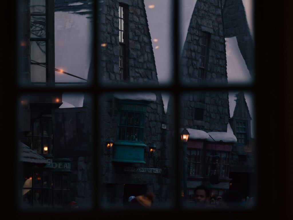 a view of a building through a window