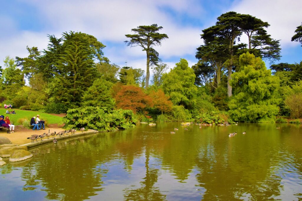 a group of people sitting on a bench next to a lake